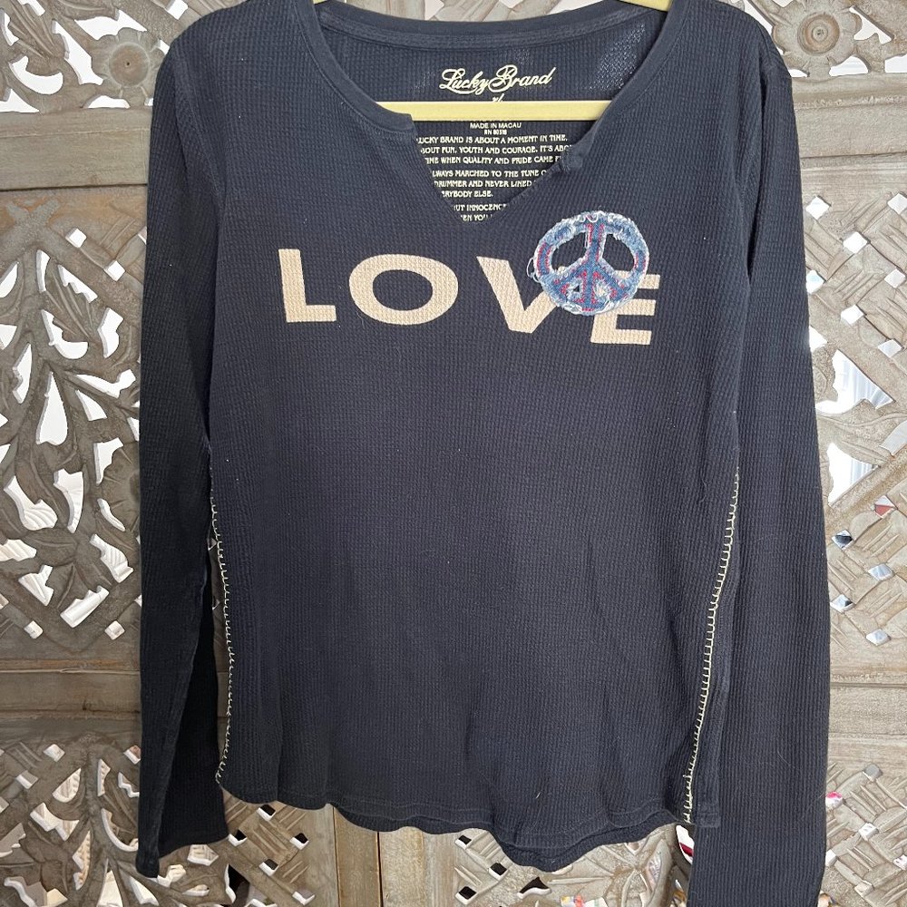Lucky Brand Navy Blue LOVE Waffle Knit V-cut Long Sleeve Shirt XL